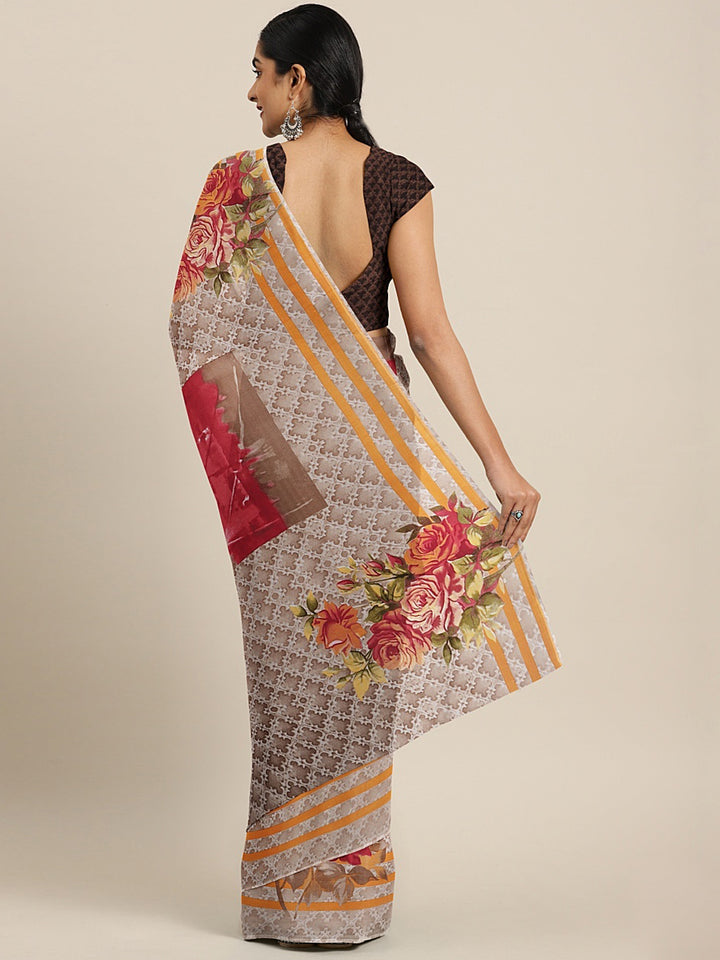 Neerus Beige Printed Saree With Blouse