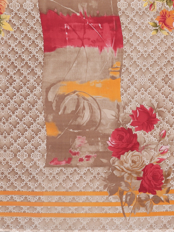 Neerus Beige Printed Saree With Blouse