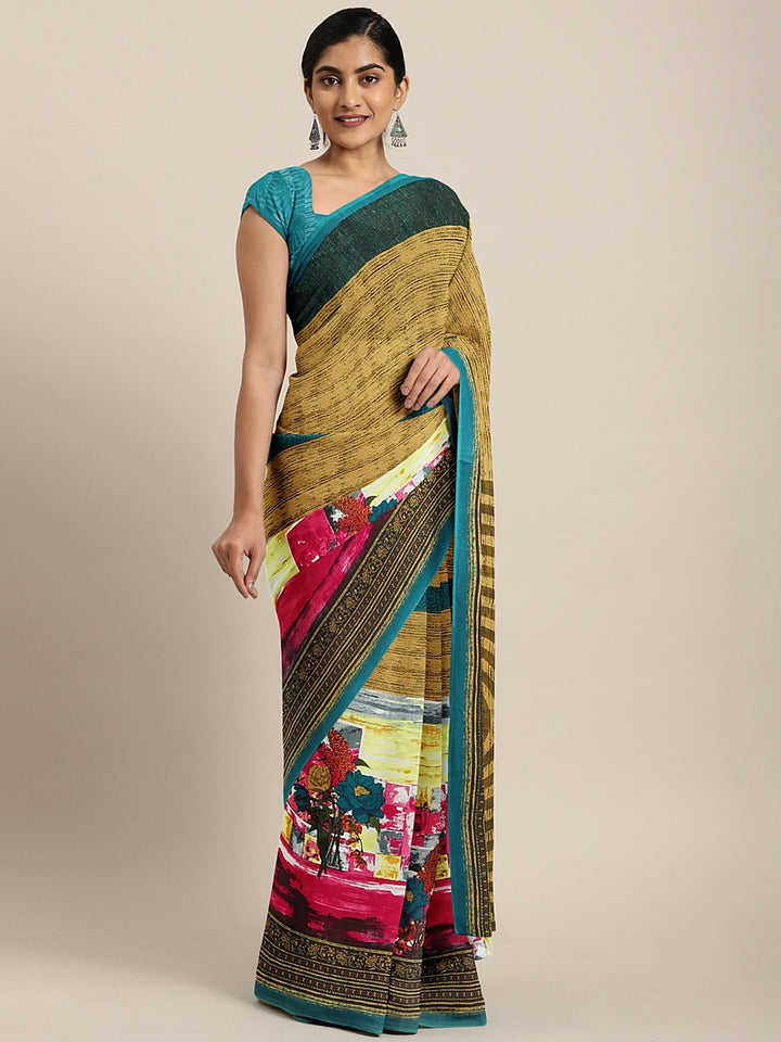 Neerus Multi georgette printed saree with blouse - front view