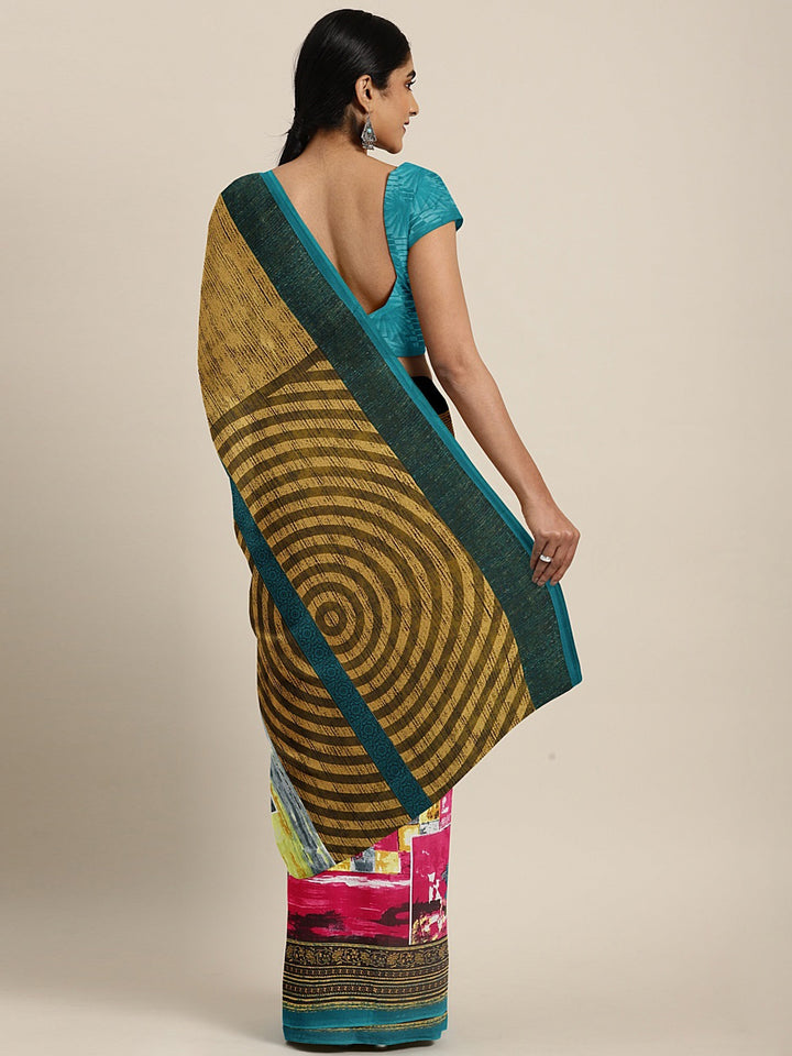 Neerus Multi georgette printed saree with blouse - back view