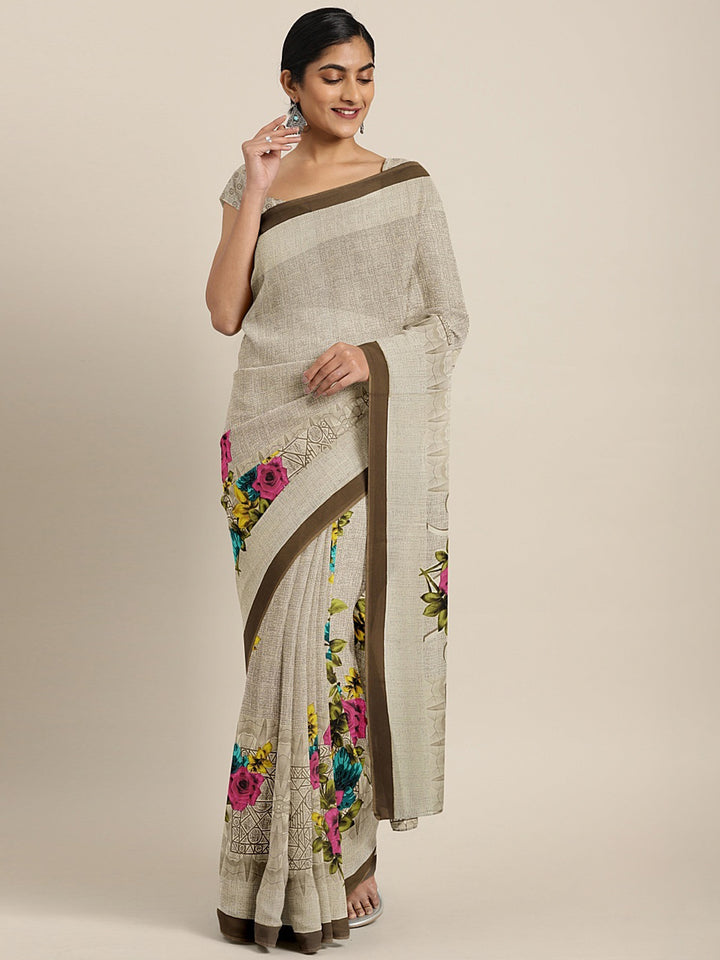 Neerus Ecru Printed Saree With Blouse