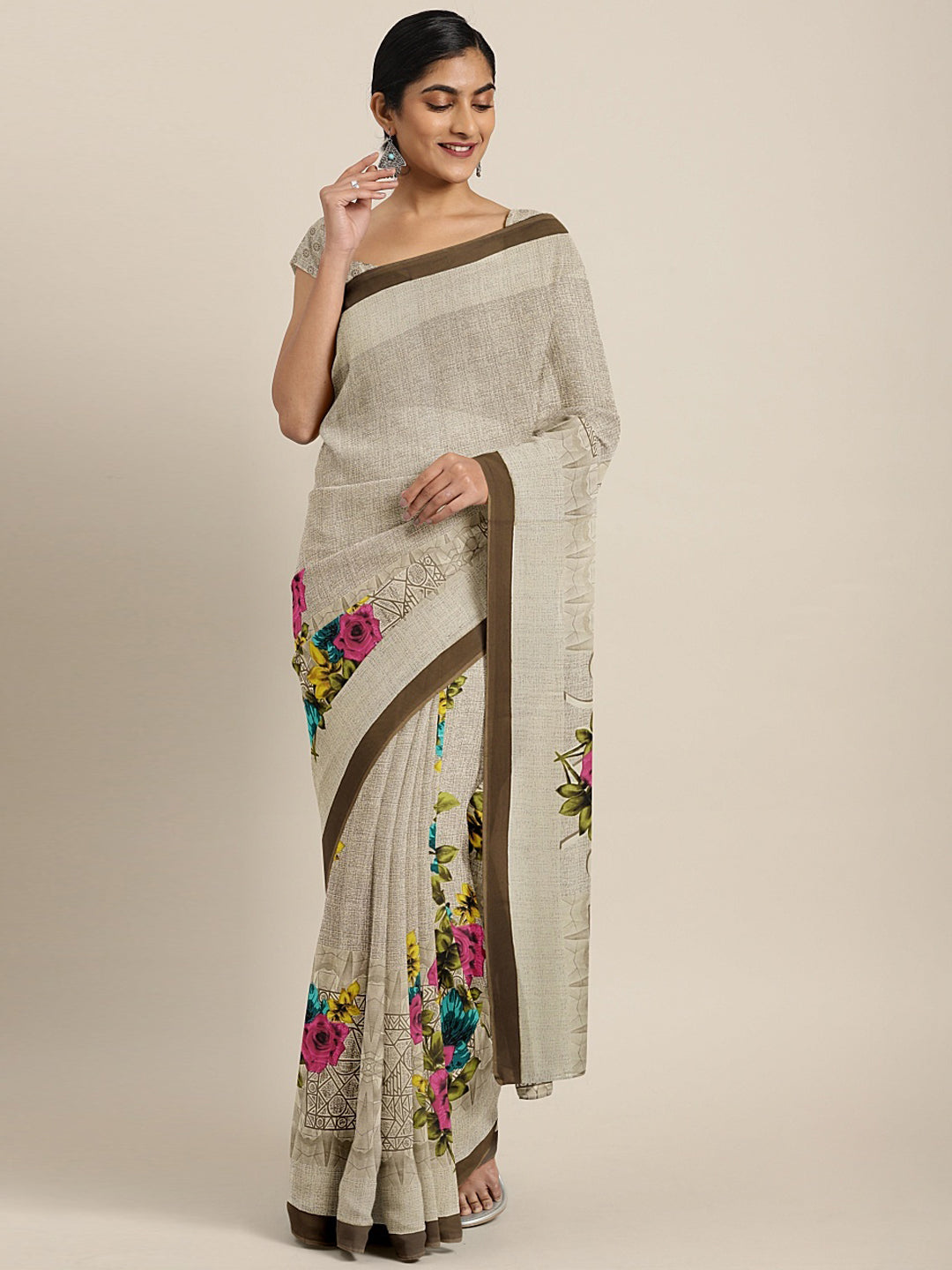 Neeru's Ecru Printed Saree With Blouse