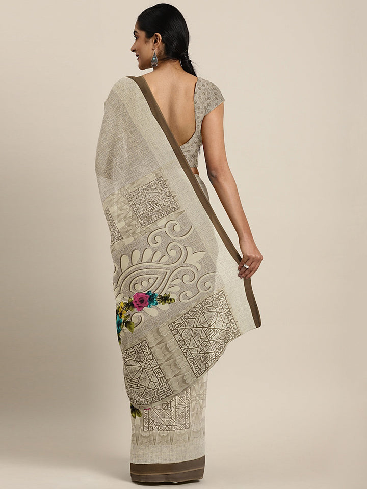 Neerus Ecru Printed Saree With Blouse