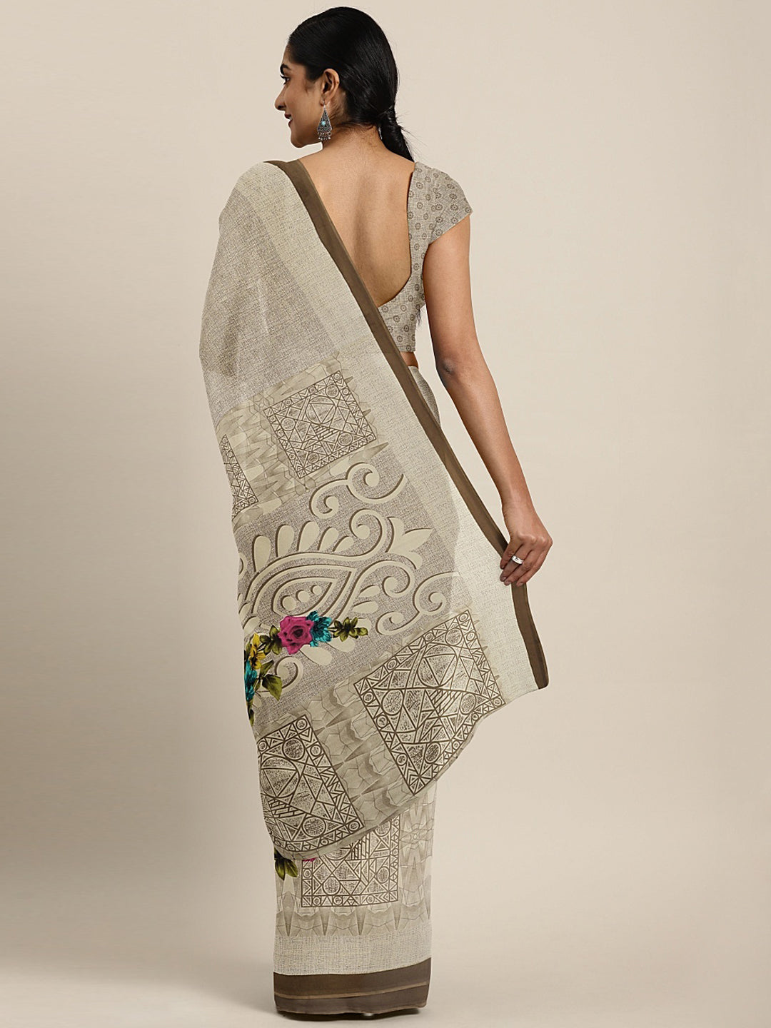 Neeru's Ecru Printed Saree With Blouse