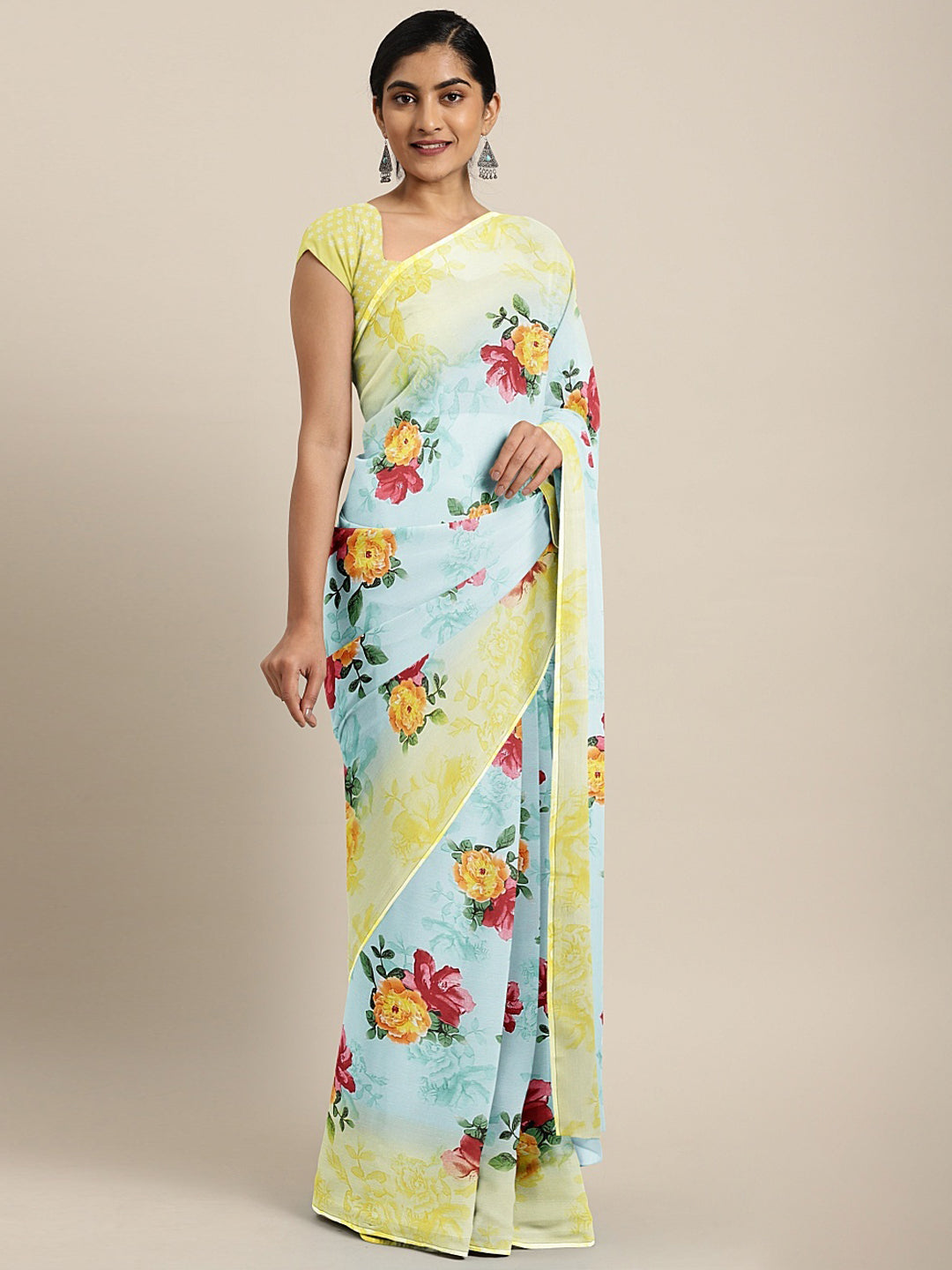 Neerus Blue Printed Saree With Blouse