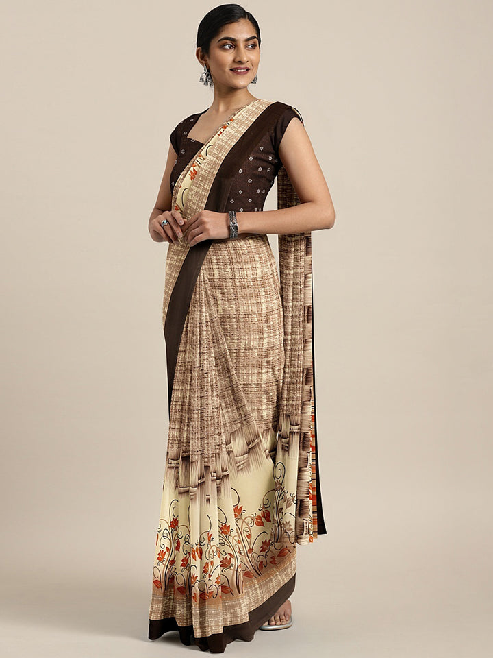 Neerus Beige Printed Saree With Blouse
