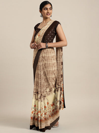 Neeru's Beige Printed Saree With Blouse