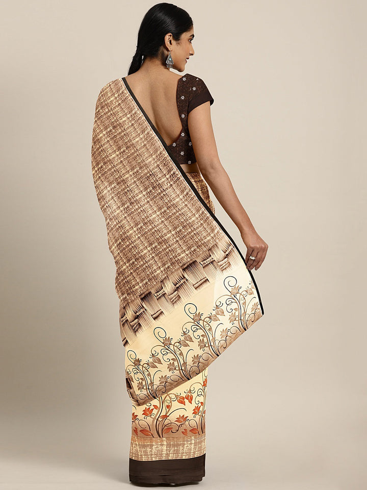 Neerus Beige Printed Saree With Blouse