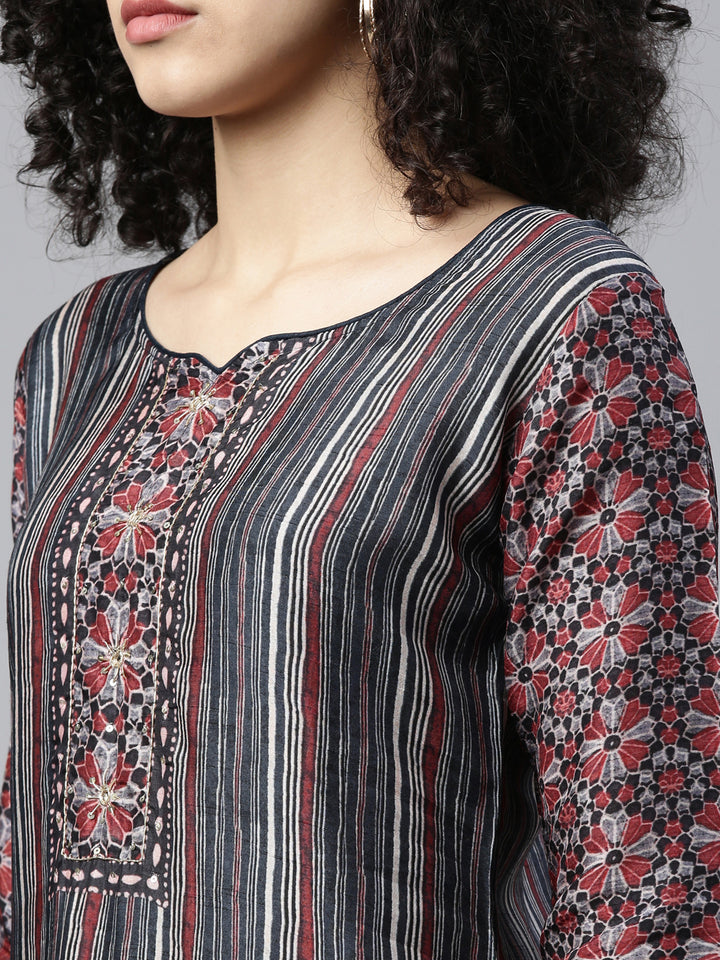 Neerus Grey Color Silk Fabric Kurta