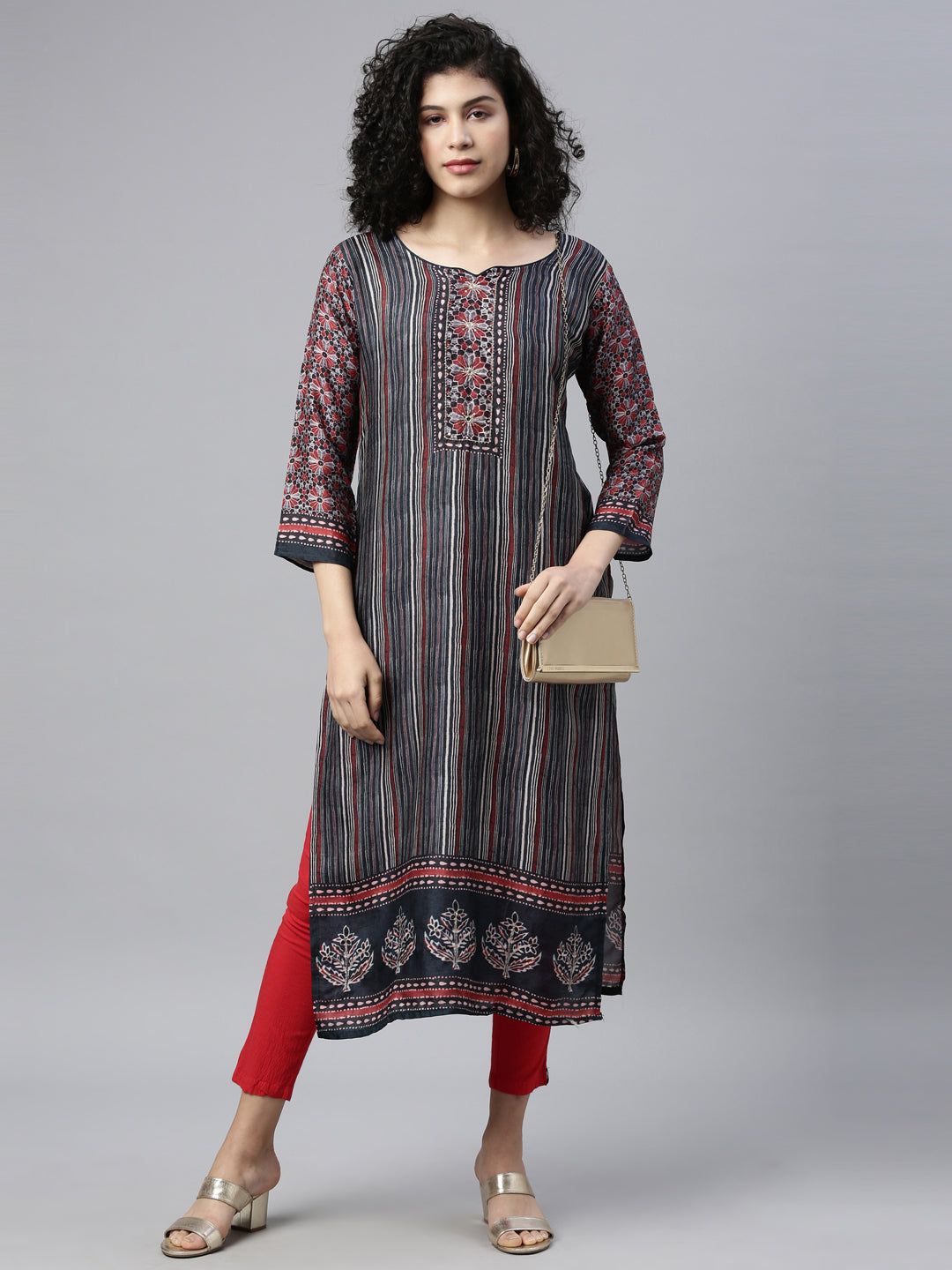 Neerus Grey Color Silk Fabric Kurta