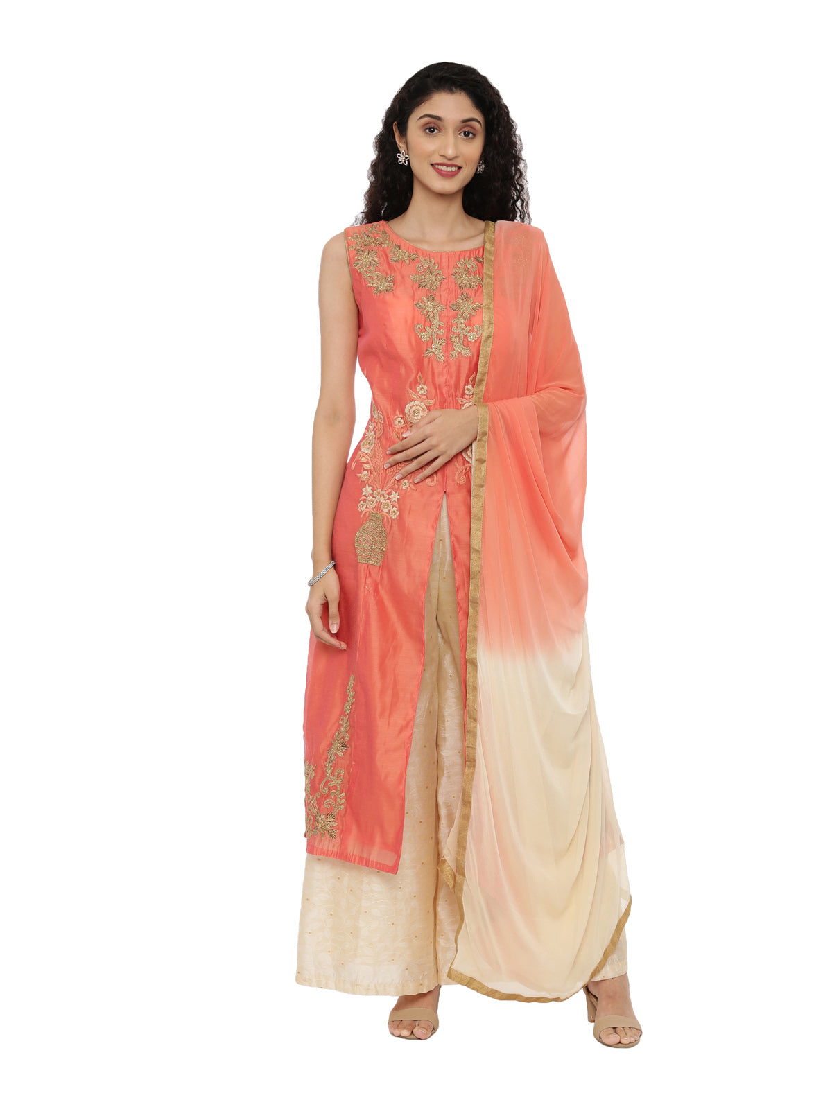Neeru's Coral Color Chanderi Fabric Suit-Plazzo