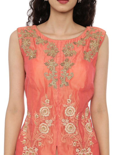 Neeru's Coral Color Chanderi Fabric Suit-Plazzo