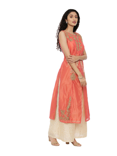 Neeru's Coral Color Chanderi Fabric Suit-Plazzo