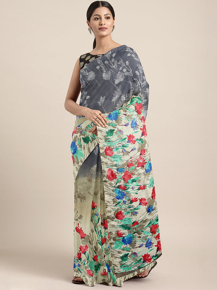 Neerus Grey printed saree with blouse piece - front view