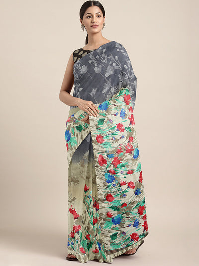 Neeru's Grey & Beige Printed Saree With Blouse