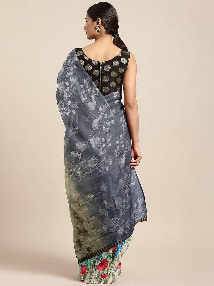 Neerus Grey printed saree with blouse piece - back view