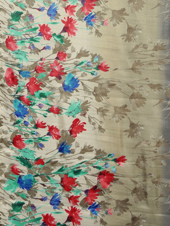 Neerus Grey printed saree with blouse piece - detail view 1