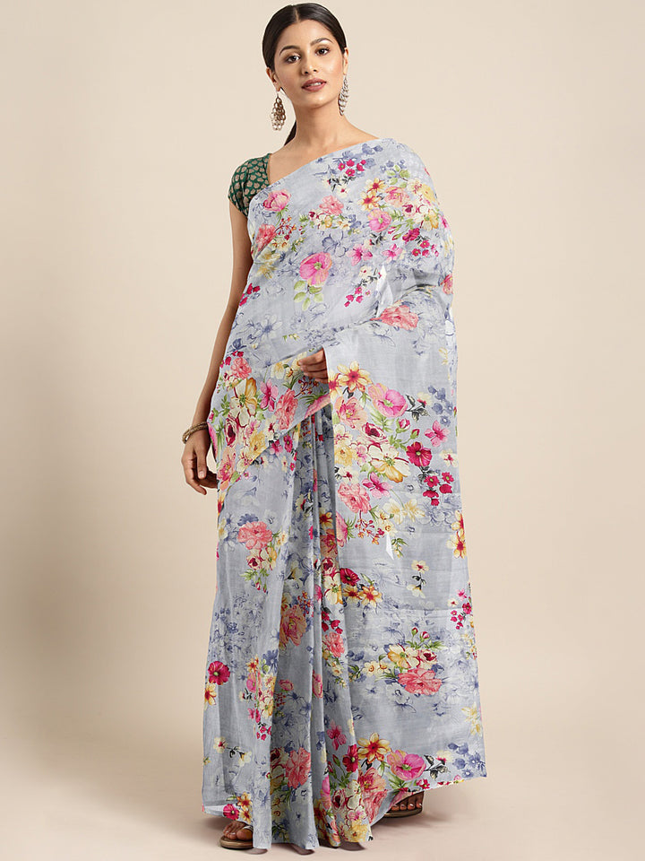 Neerus Grey printed saree with blouse piece - front view