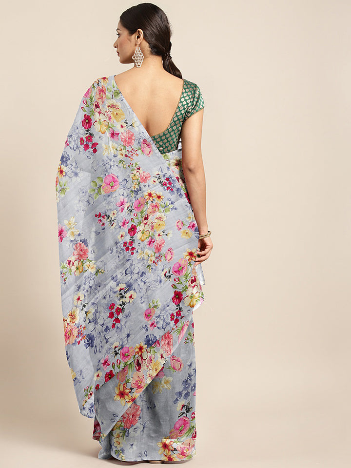 Neerus Grey printed saree with blouse piece - back view
