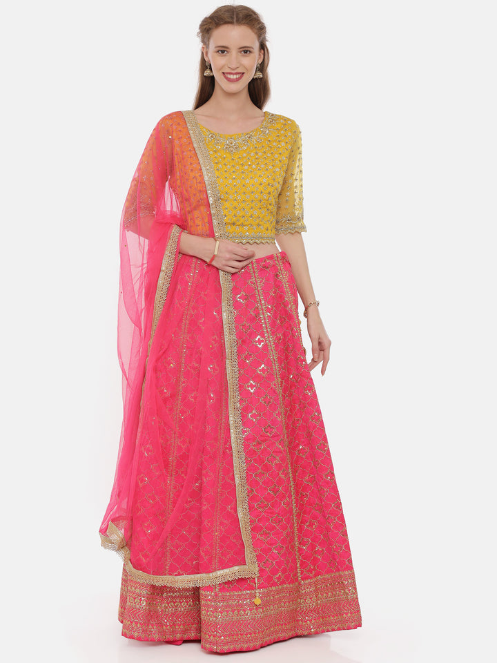 Neerus Mustard Rani Color Raw Silk Fabric Ghagra Set