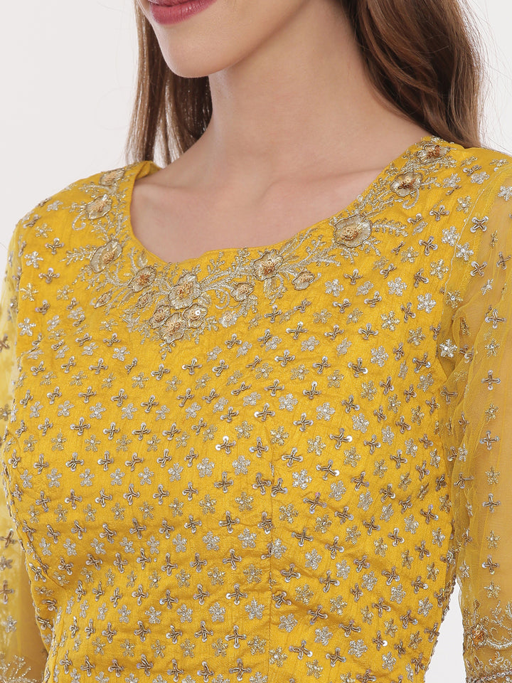 Neerus Mustard Rani Color Raw Silk Fabric Ghagra Set