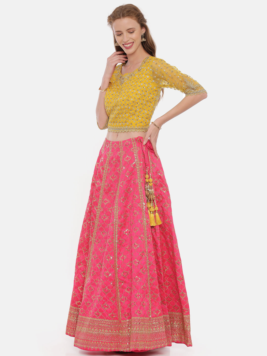Neerus Mustard Rani Color Raw Silk Fabric Ghagra Set