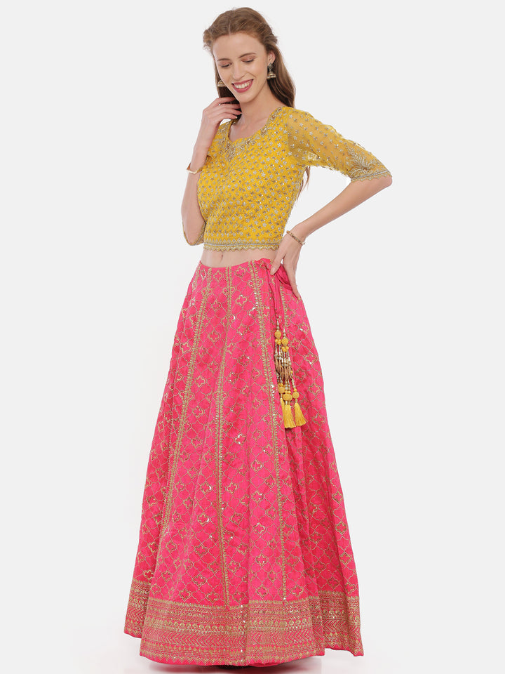 Neerus Mustard Rani Color Raw Silk Fabric Ghagra Set