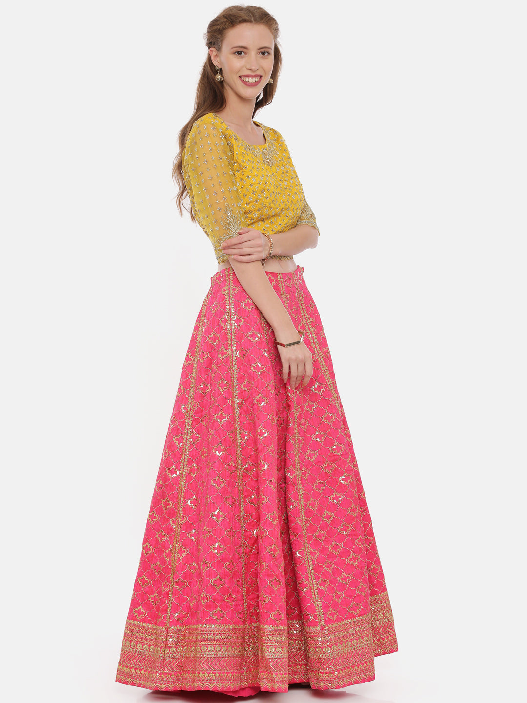 Neerus Mustard Rani Color Raw Silk Fabric Ghagra Set