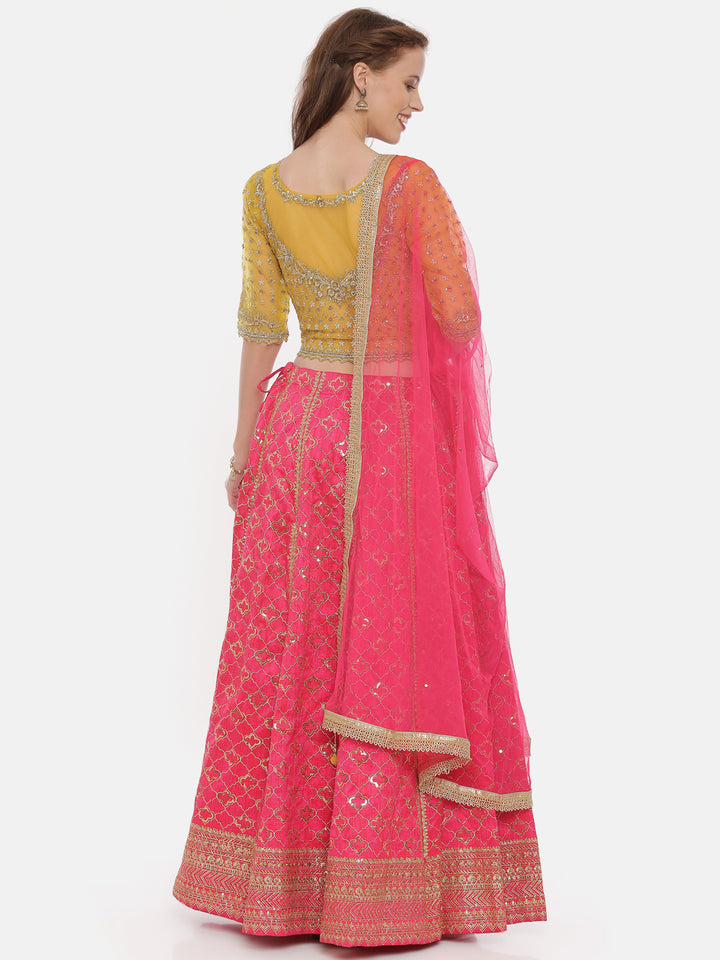 Neerus Mustard Rani Color Raw Silk Fabric Ghagra Set