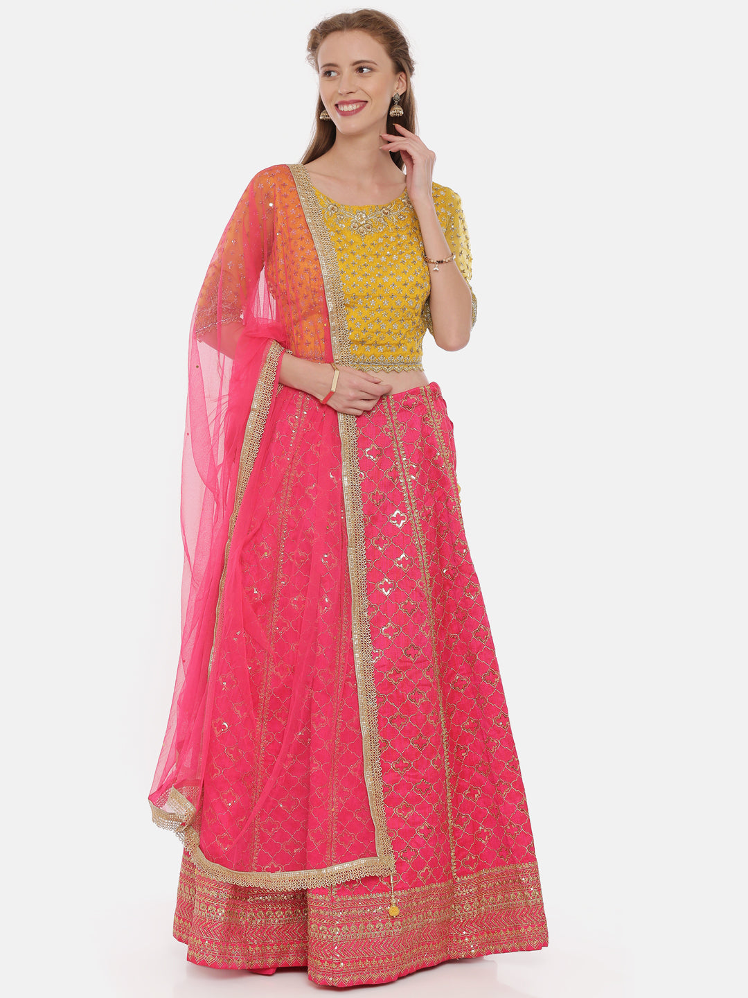 Neerus Mustard Rani Color Raw Silk Fabric Ghagra Set