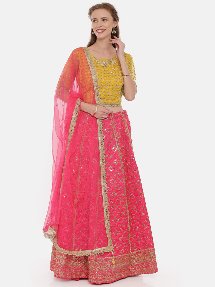 Neerus Mustard Rani Color Raw Silk Fabric Ghagra Set