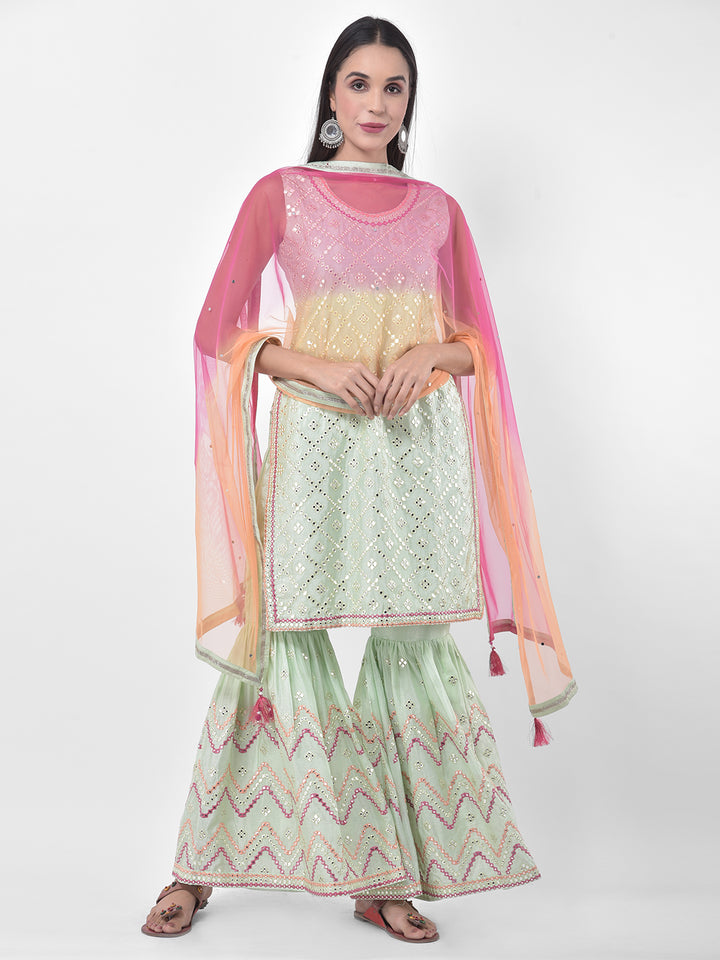 Neerus Green Embellished Sharara Set Kurta with Dupatta - front view