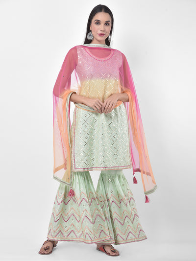 Neeru's Mint Embellished Kurta With Sharara & Dupatta