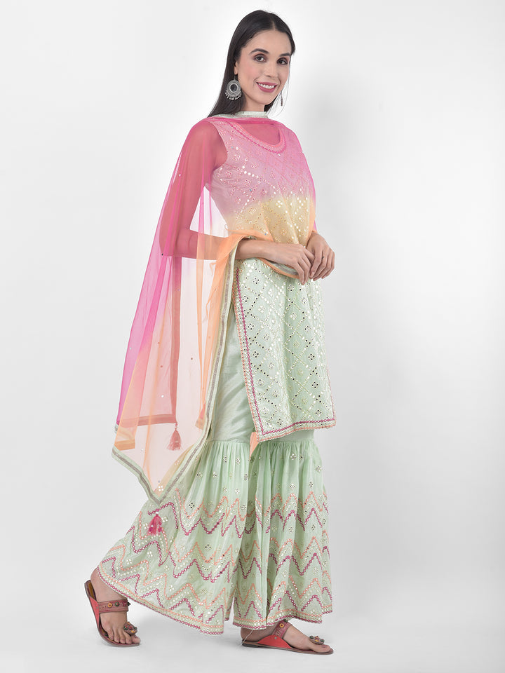 Neerus Green Embellished Sharara Set Kurta with Dupatta - back view