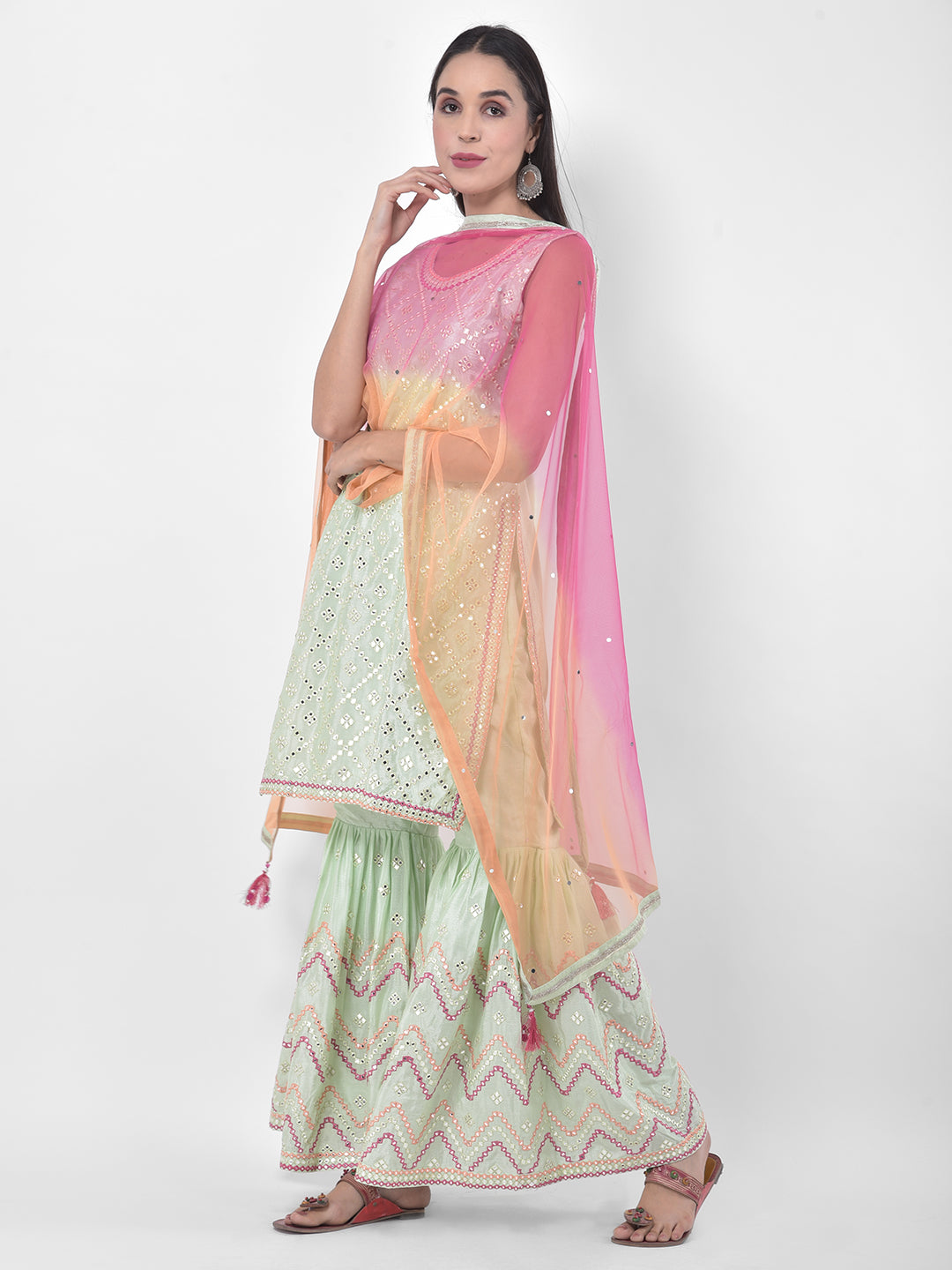 Neerus Green Embellished Sharara Set Kurta with Dupatta - side view