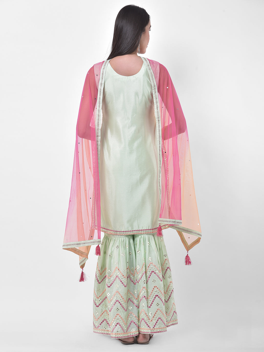 Neeru's Mint Embellished Kurta With Sharara & Dupatta