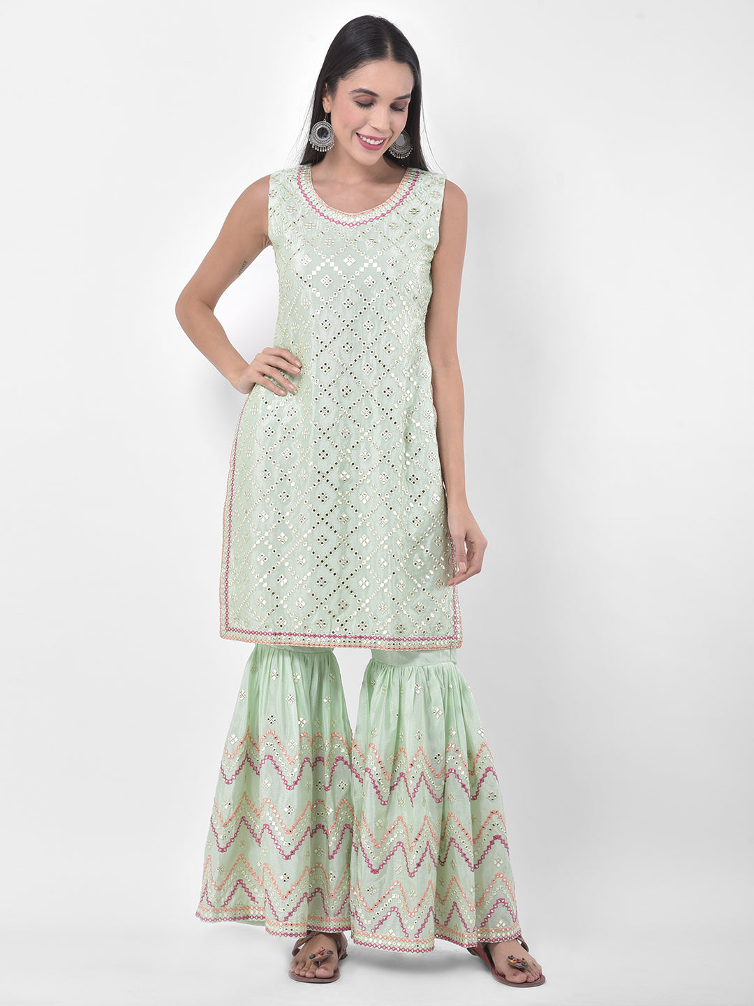 Neeru's Mint Embellished Kurta With Sharara & Dupatta