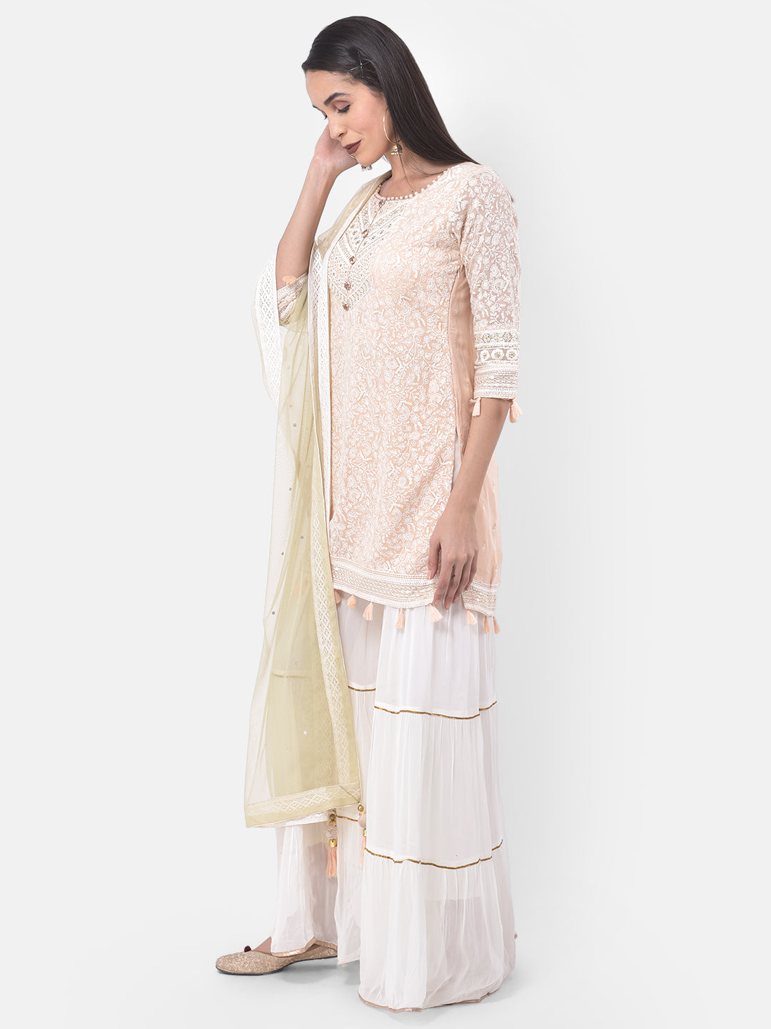 Neerus Pink embroidered sharara set kurta dupatta - back view