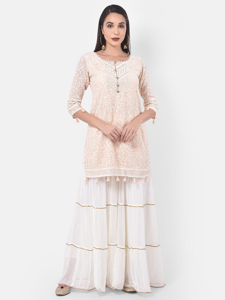 Neerus Pink embroidered sharara set kurta dupatta - detail view 4