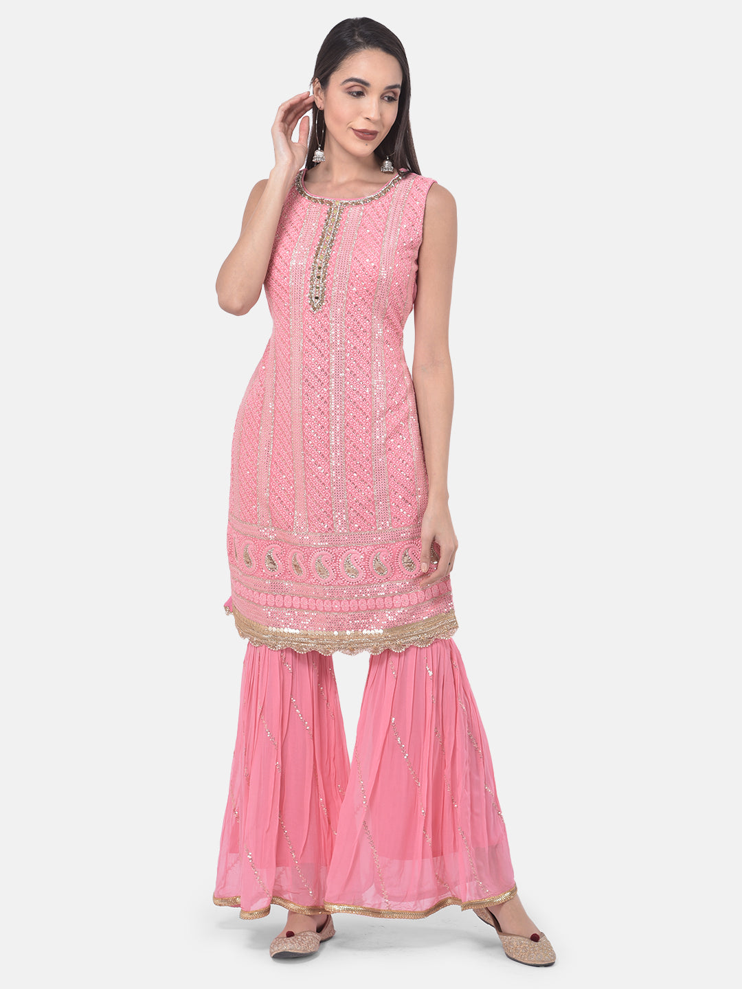 Neerus Pink Color Georgette Fabric Suit-Gharara