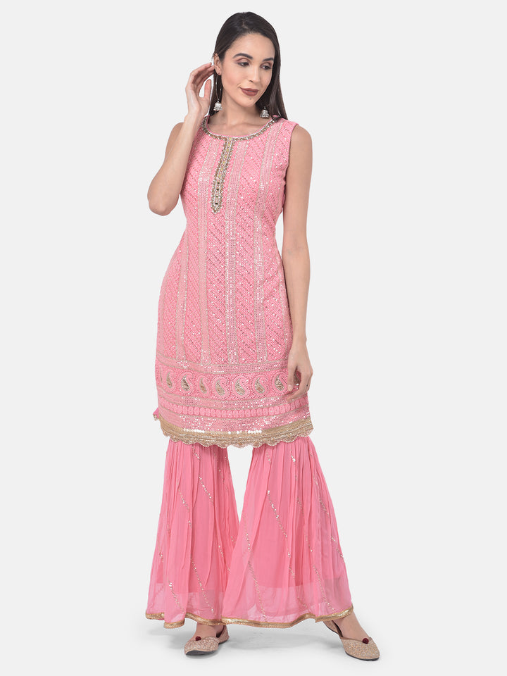 Neerus Pink Color Georgette Fabric Suit-Gharara