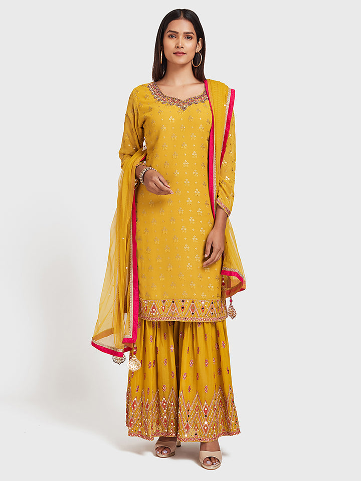 Neerus Yellow Embellished Kurta With Sharara & Dupatta