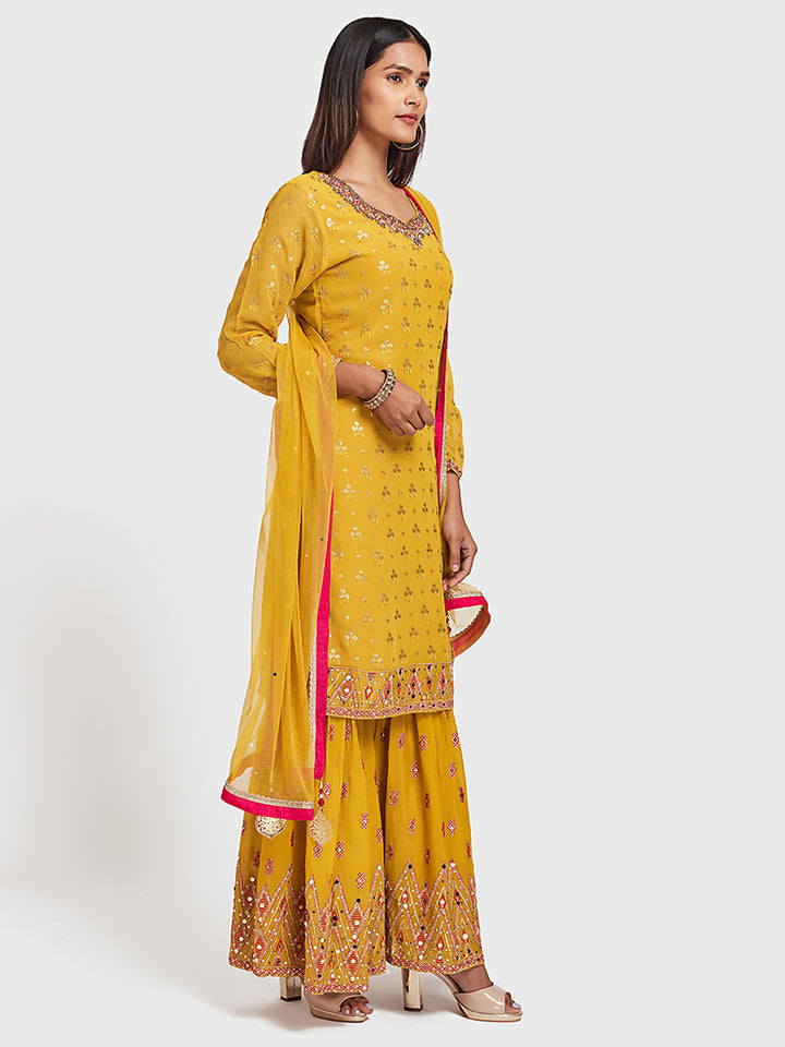 Neerus Yellow Embellished Kurta With Sharara & Dupatta