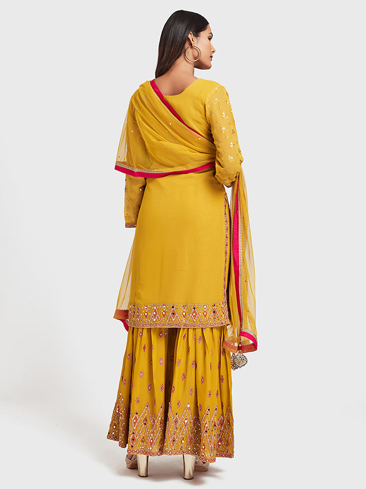 Neerus Yellow Embellished Kurta With Sharara & Dupatta