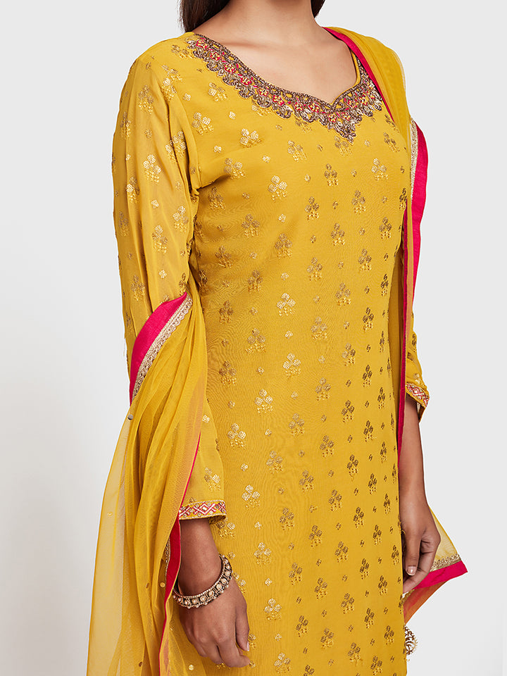 Neerus Yellow Embellished Kurta With Sharara & Dupatta