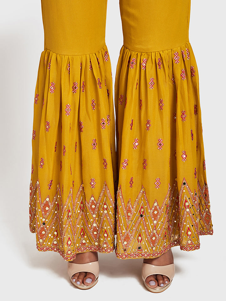 Neerus Yellow Embellished Kurta With Sharara & Dupatta