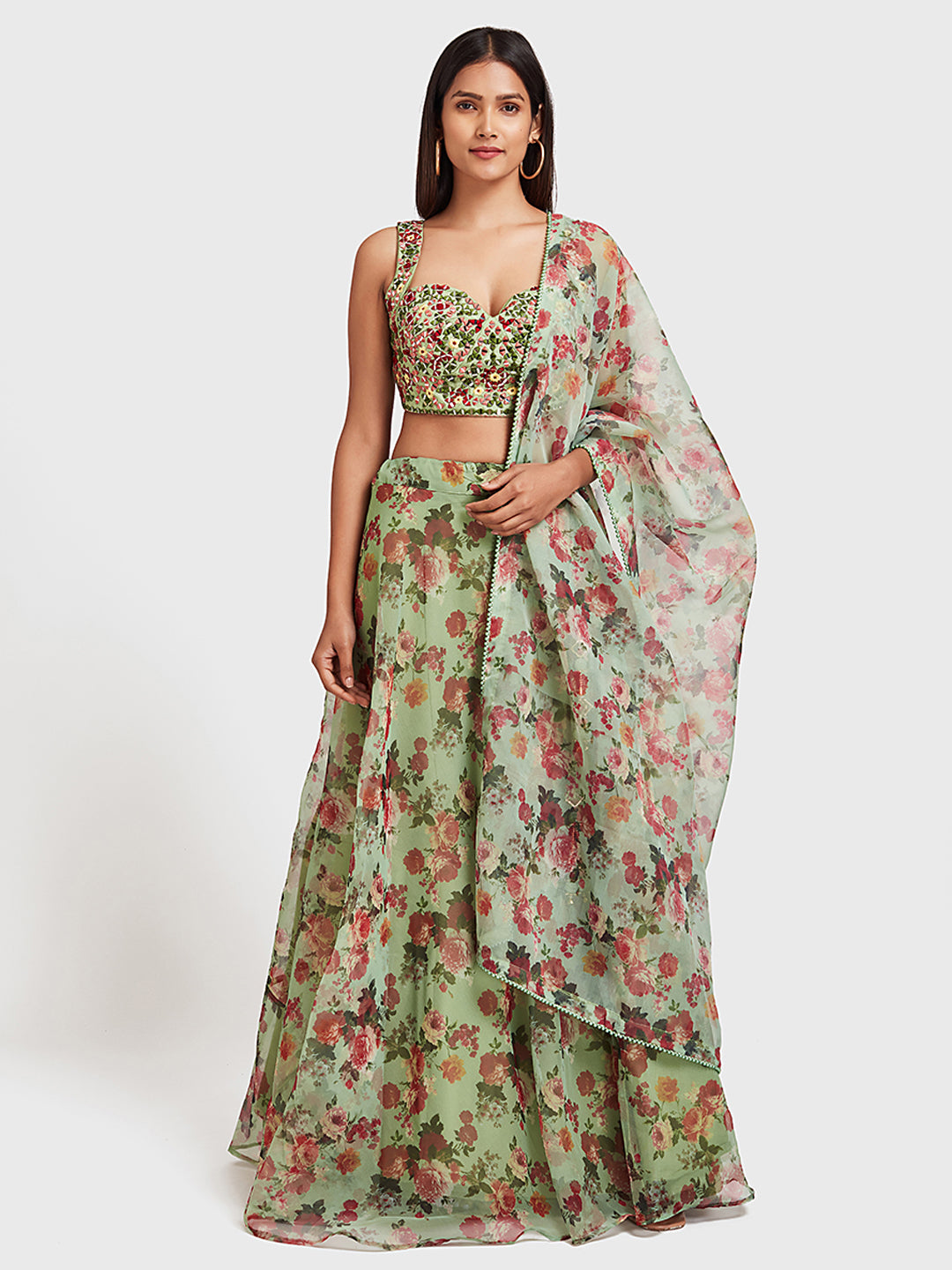 Neerus Green Color Organza Fabric Ghagra Set