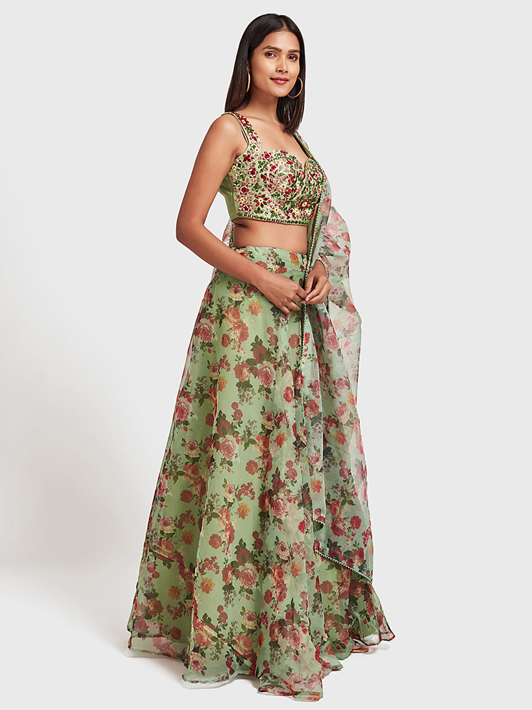 Neerus Green Color Organza Fabric Ghagra Set