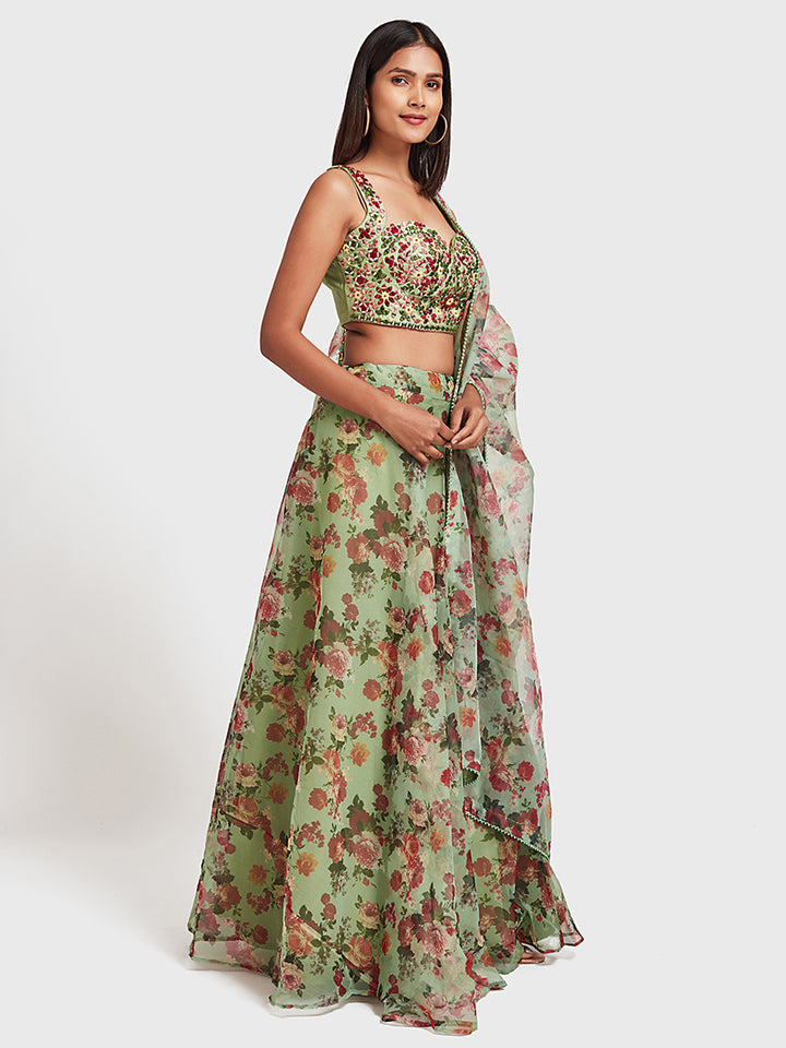 Neerus Green Color Organza Fabric Ghagra Set