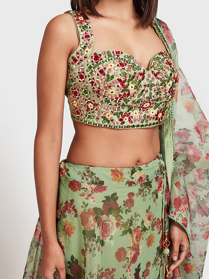Neerus Green Color Organza Fabric Ghagra Set